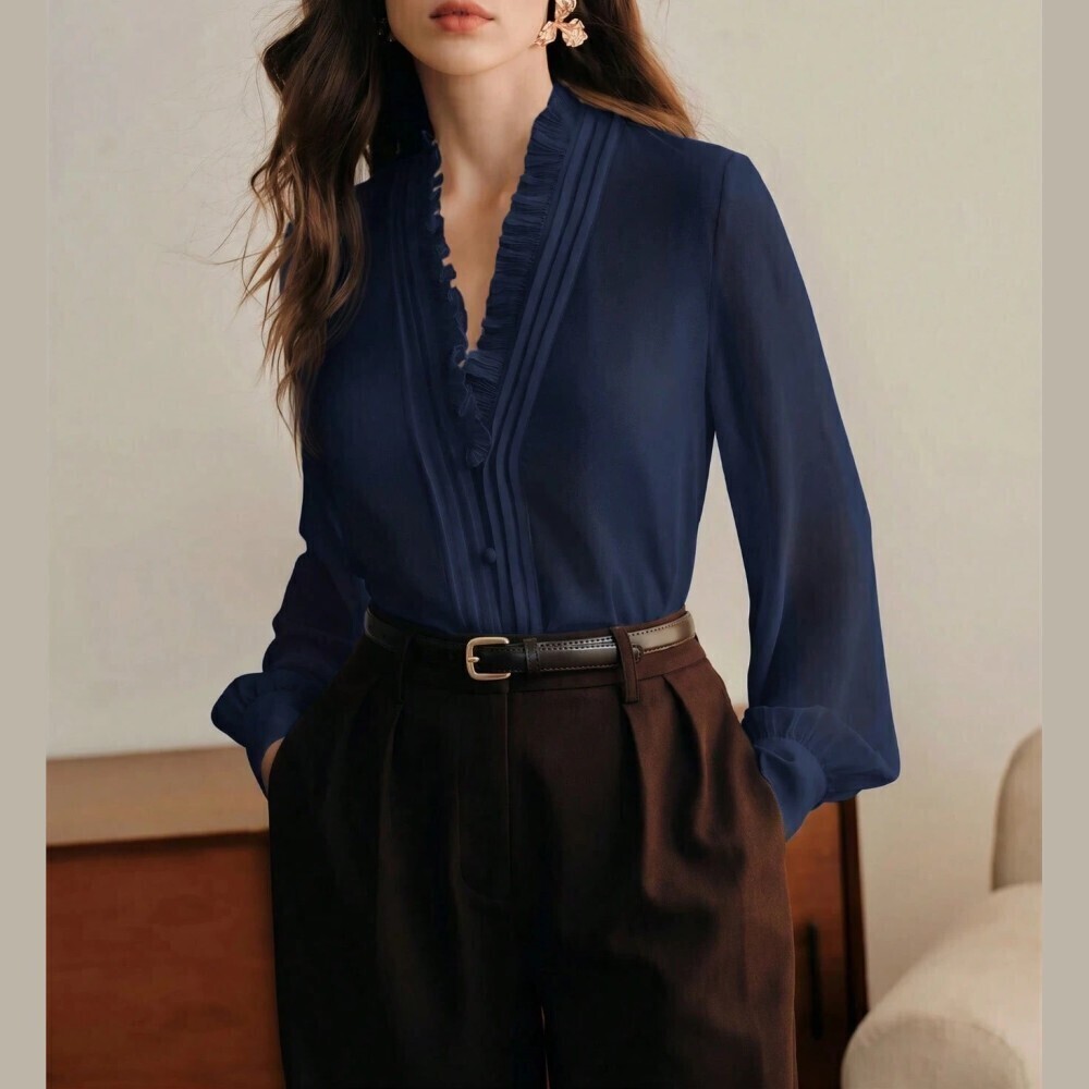 Navy Blue Ruffle Trim V-Neck Pintuck Long Sleeve Blouse
